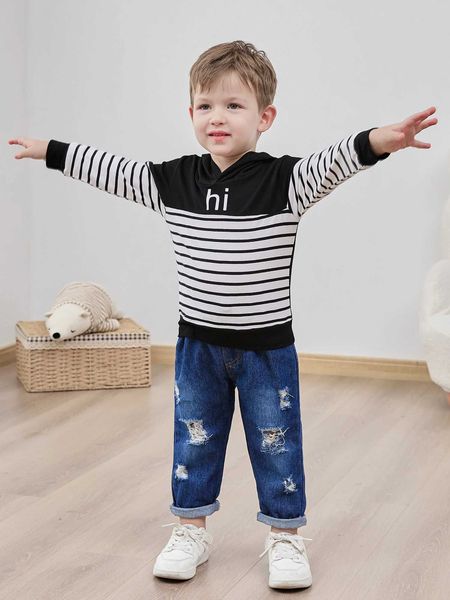 Baby Boy Clothes Long Sle Printing Hoodie With Jeans Pants Outfits Set Little Boy Ripped Jeans Hooded Sweatshirt Z250113