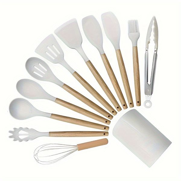 12pcs Silicone Kitchen Utensil Set With Wooden Handles Non Stick Cooking Spoons Spatulas For Easy Meal Prep Perfect For Halloween Christmas