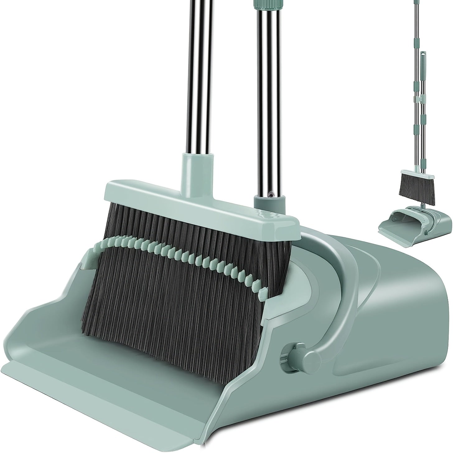 TEMU Weiyyoby Heavy-duty Large Broom And Dustpan Set With Extendable Pole (38.18"-50.39" Height) - Heavy-duty 4-row Bristles, Self-cleaning Teeth,