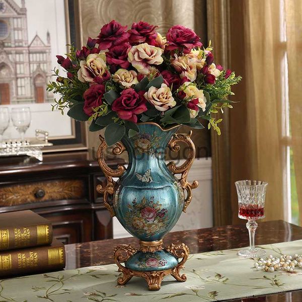 Vases European Luxury Palace Resin Vase Ornaments Home Room Desktop Figurines Crafts Decoration Wedding Gift Retro Silk Flower Pot Art x0630