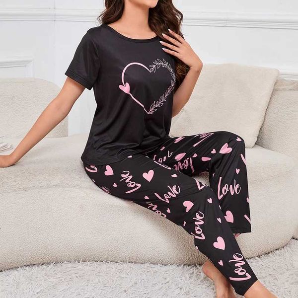 Women Short Sleeve Tee Top Pants Pajama 2 Piece Autumn Heart Print Pajamas Set Soft Comfort Sleepwear Home Clothes Pyjama SuitC241213