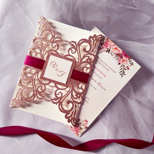 Greeting Cards 50pc Pink Gold Glittery Flower Personalized Print Wedding Invitation with Burgundy Ribbon and Tag Greeting Cards for Sweet 15