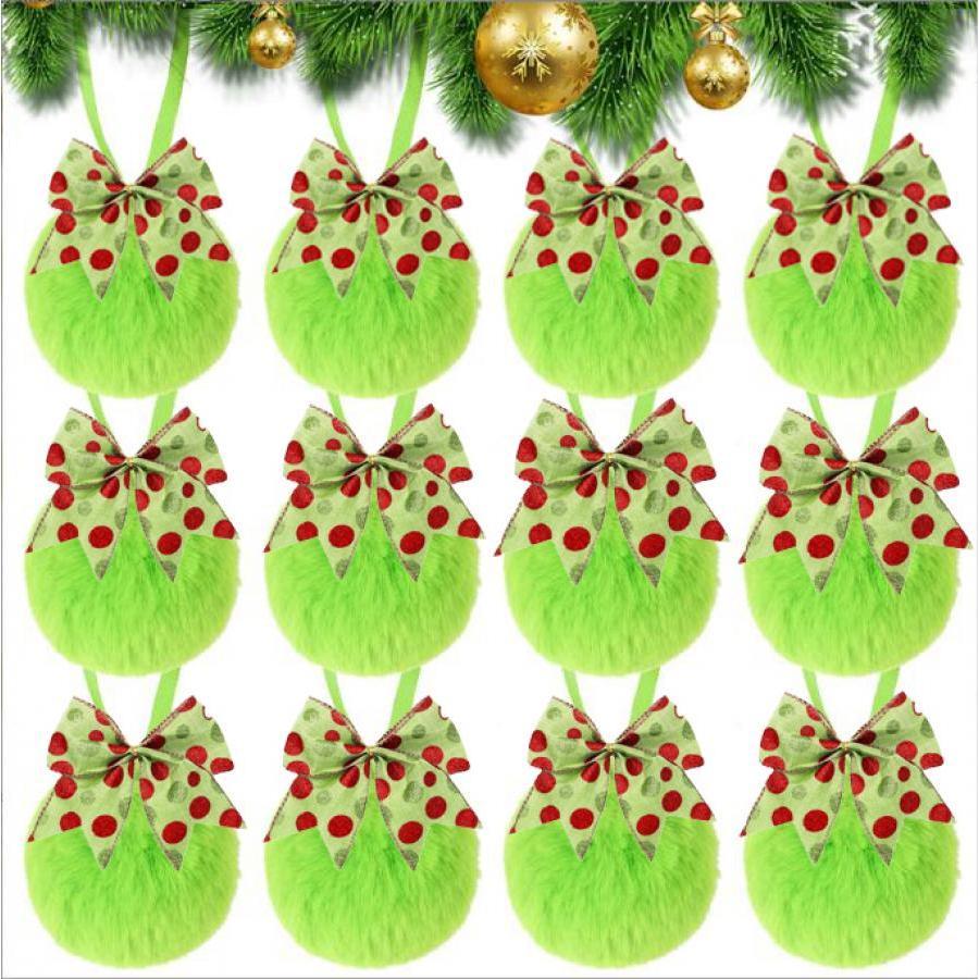 TEMU 12pcs Christmas Tree Hanging Ornaments - Glossy Green Plush Balls With Red Bows, Soft Holiday Decorations For Tree, Wreaths, Garlands - Durable