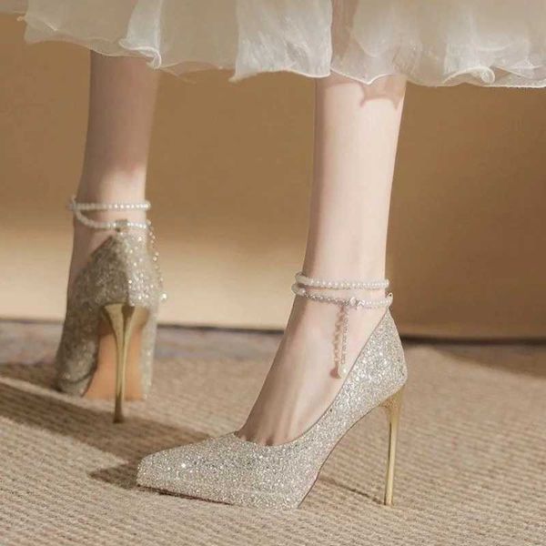 Women New Wedding Crystal Sequins Pumps Women Party Wedding Bling Glitter High Heels Shoes Ladies High Heels Pearl Chains ShoesX241015