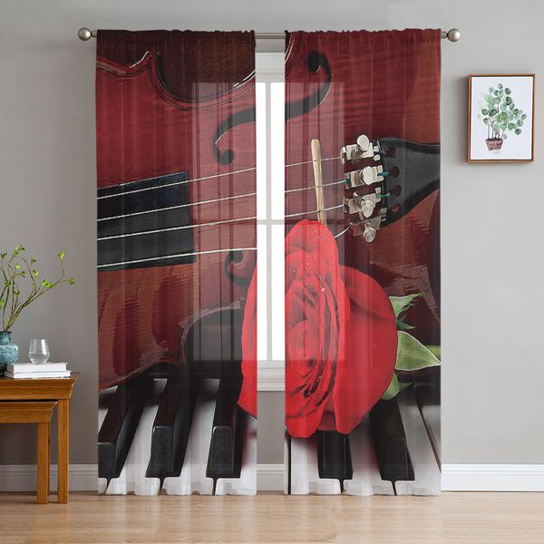 Vio And Red Roses On Piano Window Curtains Bedroom Modern Drape Sheer Tulle Valances Living Room Kitchen Voile Curtain