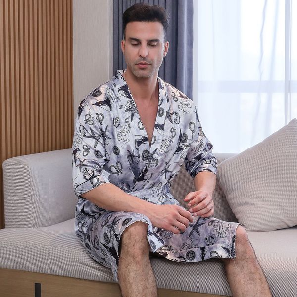 Designer&#039;s new men&#039;s pajamas, sleepwear, five quarter sleeve youth summer new casual bathrobes, home clothes