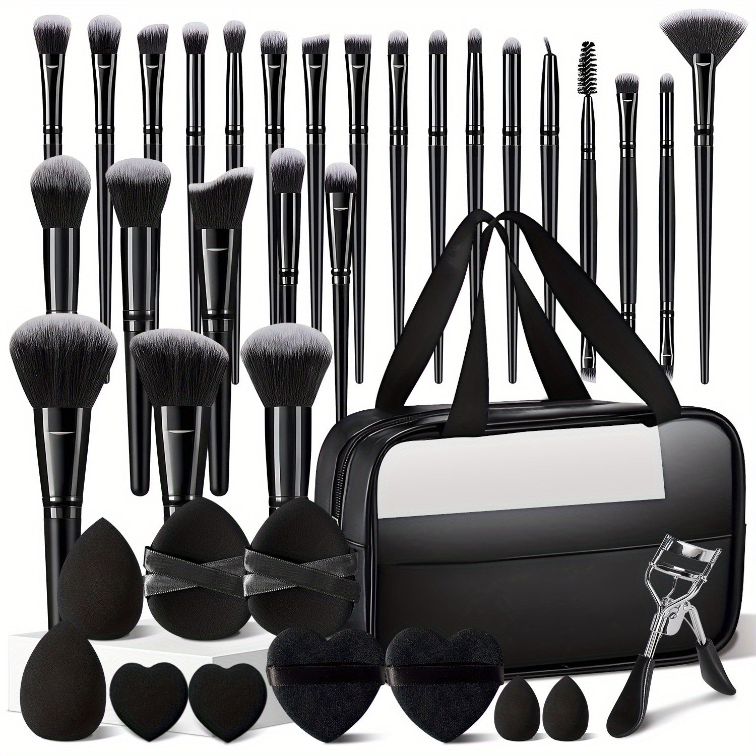 TEMU 37pcs Synthetic Make Up Brush Set Includes 25pcs Black Makeup Brushes, Washbag, Makeup Sponges, Makeup , Finger , Eyelash Curler, Double Belt ,