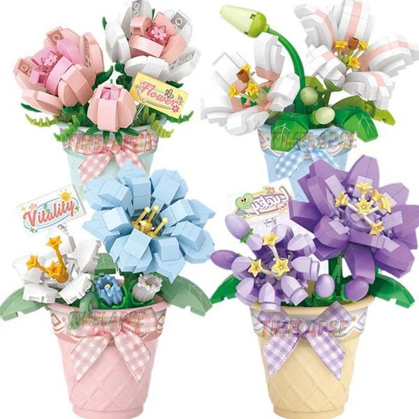 Blocks Cute Bouquet Flowers Succulent Flowerpot Plant Snow Lotus Rose Lily Model Building Sets Bricks Toy City H241107 Y250117ZUZN