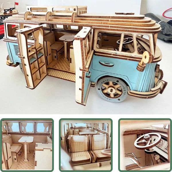 3D Puzzles 3D wooden puzzle retro bus European style camping car assembly model DIY hands-on ability childrens cultural toys Y250112I63B