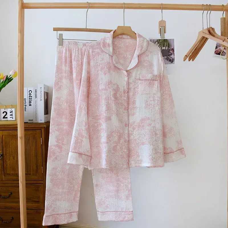 100% Cotton Gauze Women Pajamas Sleepwear Female 2 Piece Set Ink Painting Printing Nightwear Pyjamas Home Clothes LoungewearC250310