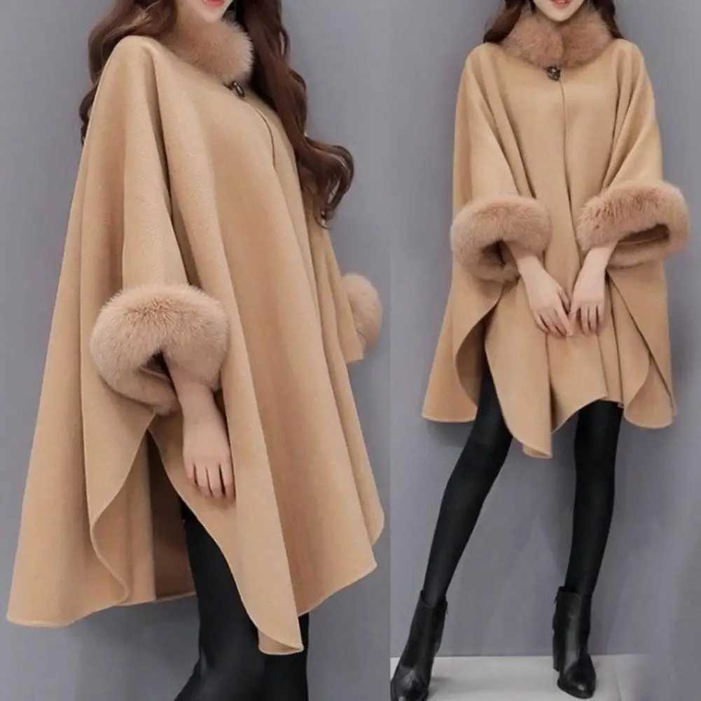 Womens Cape Town coat solid color faux fur collar autumn warm loose medium length raincoat jacket suitable for daily wear Bohemian shawl W240921