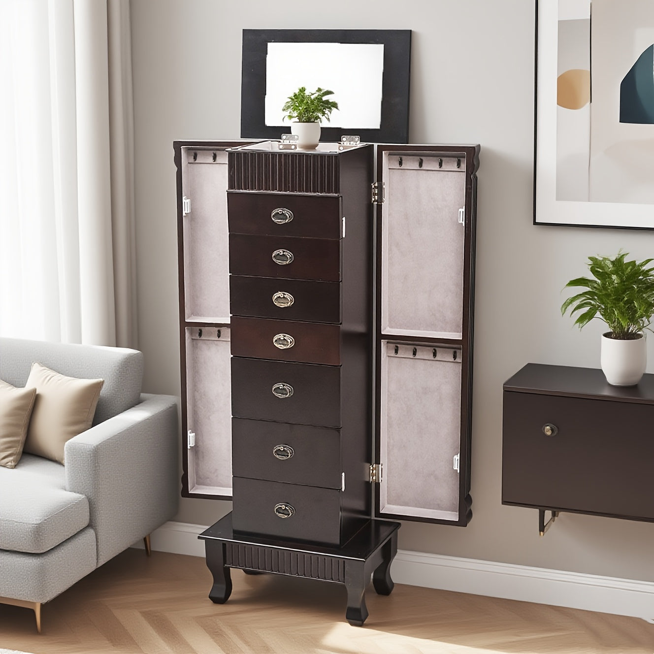 TEMU Standing Jewelry Cabinet Makeup Mirror And Top Divided Storage Organizer, Large Standing Jewelry Storage Chest With 7 Drawers, 2 Swing Doors, 16