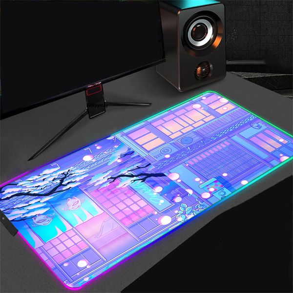 Mouse Pads Wrist Rests RGB Anime Pad Moon Landscape Table Mat 900x400 Desk Mats LED Lighting Laptop Kawaii Mousepad XXL Aesthetic Rug Backli