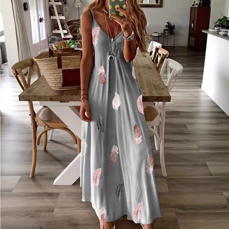 (1311) New Sleeveless Slim Fit Feather Print Low Cut V Neck Suspender Long Swing Long Dress Women&#039;s Dress