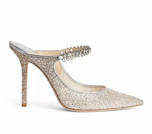 Summer Perfect Sliver Glitter-covered Leather Bing Womens Sandals Shoes Jewel-embellished Mules Slipper Twinkle-toed Charm Lady Weddding Bri