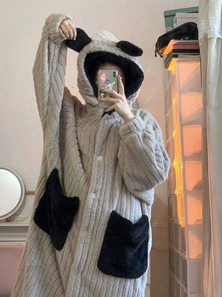 High Quality Cute Pocket Robe with Pants Wen Sleepwear Winter Nightdress Night Wears Warm Fleece Pajama Nightgown Hooded Slee Hewear T241104