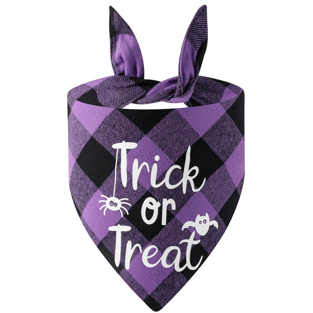 Halloween Pet Plaid Letter Bib | Cotton Gift Bib for Pets, Purple Trick or Treat（65x45x45cm）