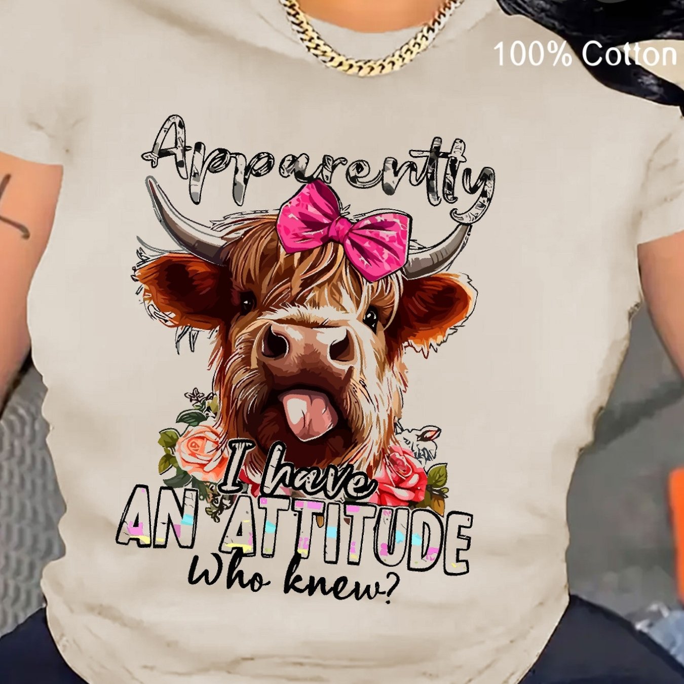 TEMU Women's Funny Attitude Scottish Highland Cow Graphic Tee - " I Have ?" T-shirt With Pink Bow, Soft Beige Crew Neck Top For Everyday & Party