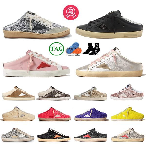 Designer sabots slippers super-star sneakers plush slip-on women golden sneaker classic fashion do-old dirty glitter sabot luxe furry fluffy