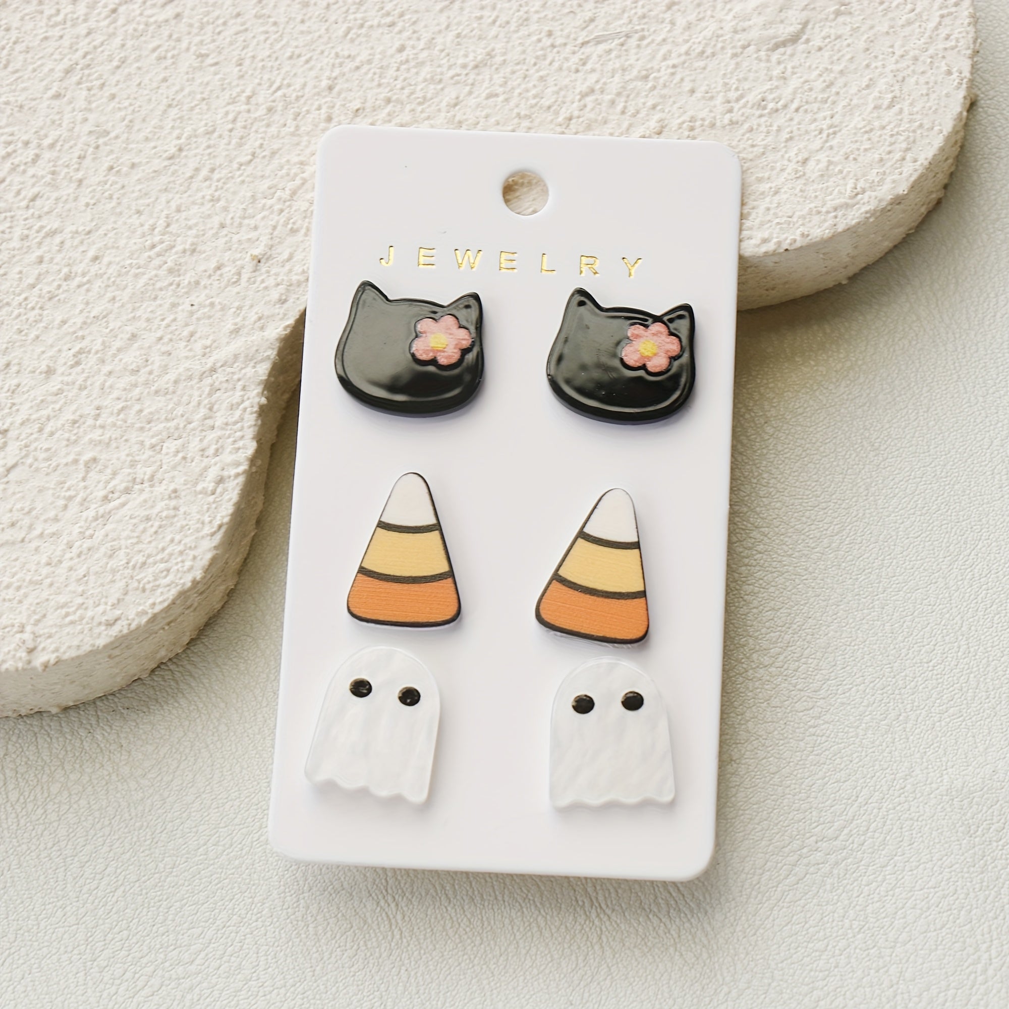 TEMU 3-in-1 Halloween Black Cat Artificial Jade Candy Acrylic Stud Earrings For Women, Glossy Cute Retro Holiday Gift