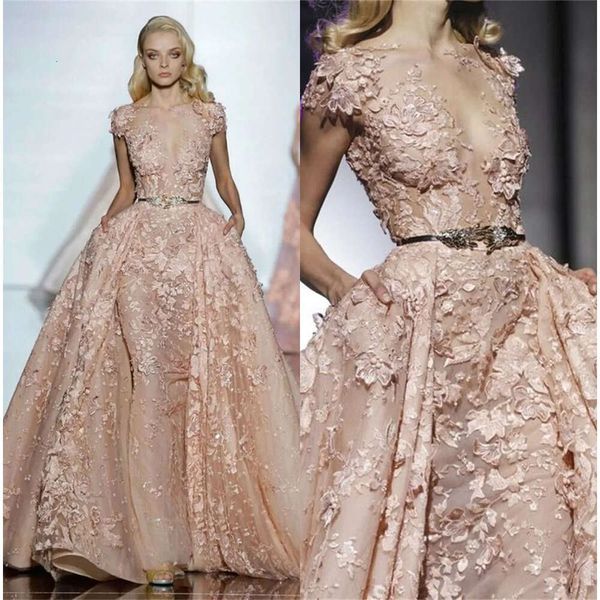 Blush Elegant Zuhair Dresses Prom Murad Pink With Overkskirt Exquisite Lace Applique Evening Gowns Party Formal Wear Leaf Belts Designer