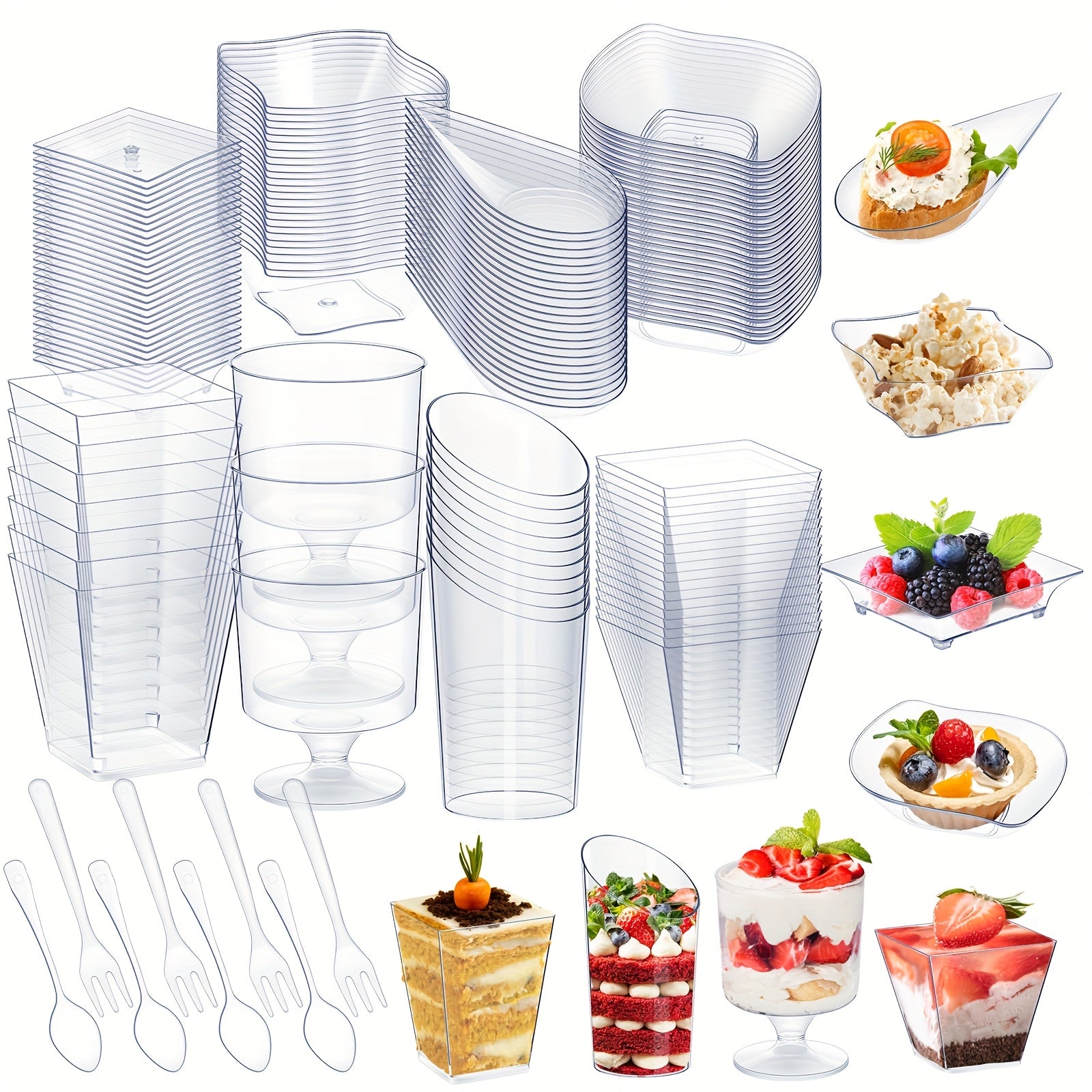 TEMU 400pcs Mini Clear Appetizer Plates Dessert Cups Spoons Forks Set Dessert Containers Assorted Shape Plastic Parfait Cups Disposable Spoon Forks