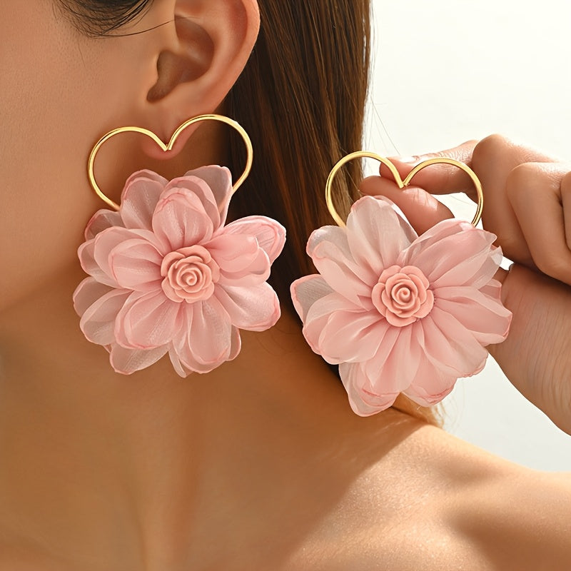 TEMU Elegant Flower Earrings For Women - Stylish Pink , Hollow Heart Frame, Casual Attire Or Special Occasions, Cute Earrings