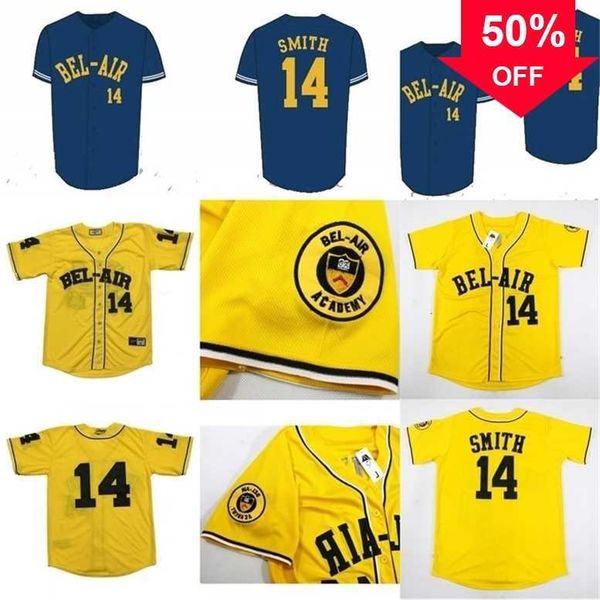 Xflsp GlaMit Baseball Jersey Will Smith 14# Baseball Jersey Bel-Air Academy Embroidery Stitched Fresh Prince Yellow High Quality vintage