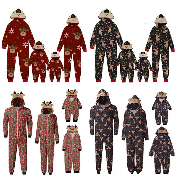 Christmas Family Matching Pajamas Cozy Long Sleeve Reindeer Print s with Zipper Xmas Hooded Jumpsuit sleepwear for 241219