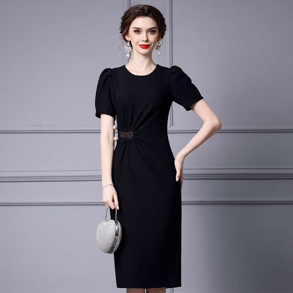 Black Bubble Sleeve Dress High-end and Atmospheric Pleated Waist Nail Bead Wrapped Buttocks Skirt Summer 2024 New Item Silk Dress