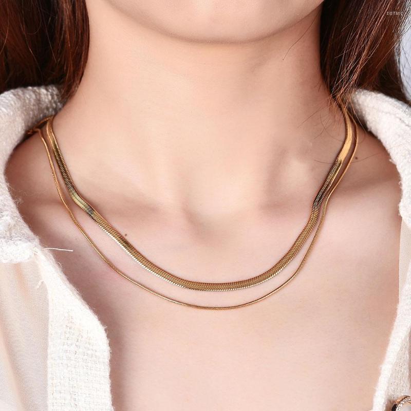 Choker Double Snake Chain Necklace For Women Stainless Steel Simple Flat Thin Collar Lady Jewelry Gift