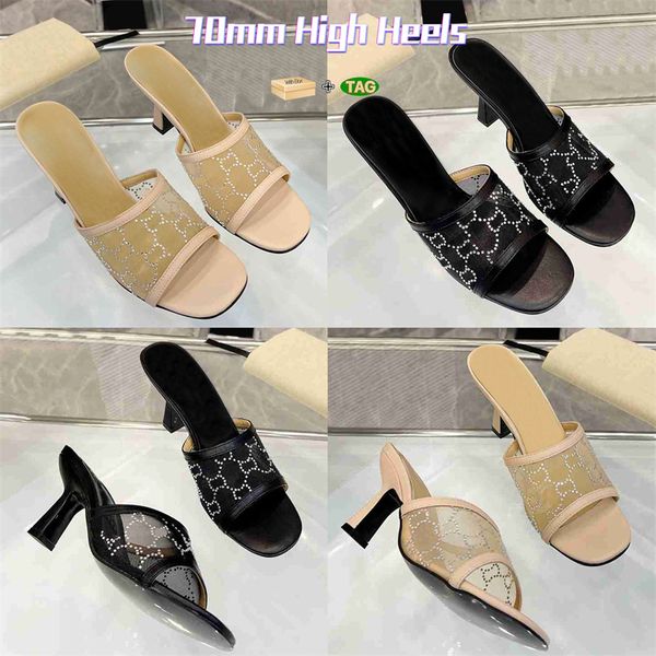 With box womens dress shoes 70mm high heels for women sandals black Rose Beige luxury Rhinestone heel sunmmer beach Mesh Sandals party Forma