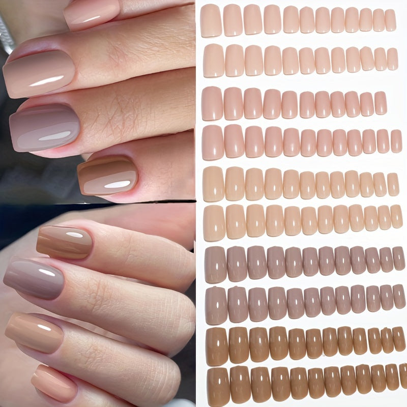 TEMU 120pcs Square Medium-length Press On Nails - 5 Brown Shades Glossy Acrylic Fake Nails For Women & S, Full Coverage Reusable False Nails For ,