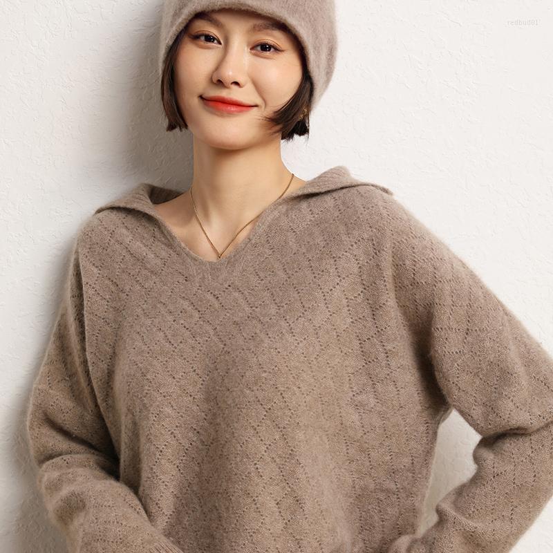 Women&#039;s Sweaters 2022 Autumn Winter Pure Cashmere Sweater Turn-down Collar Hollow Out Women&#39;s High Quality Soft Female Loose Knit