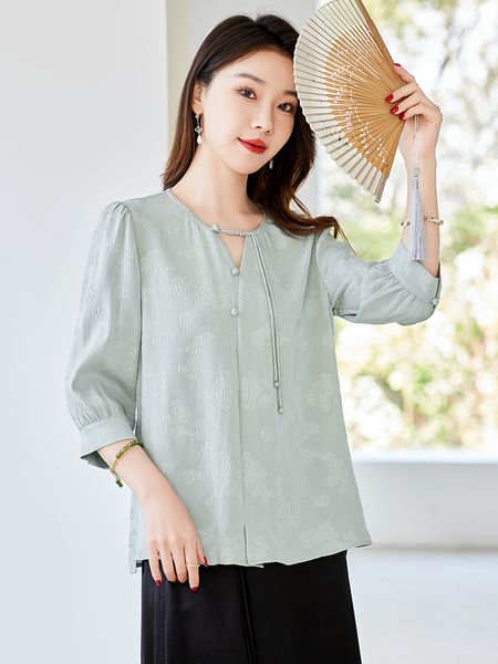 shirts for women V-neck Chinese style silk shirt with three-dimensional jacquard mulberry silk shirt top