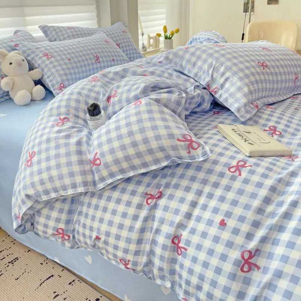 ic Plaid Bedding Set 2024 Blue Pink Twin Queen Duvet Cover Flat Sheet case No Filler Girl Boys Hotel Home Bed Linens Y250122