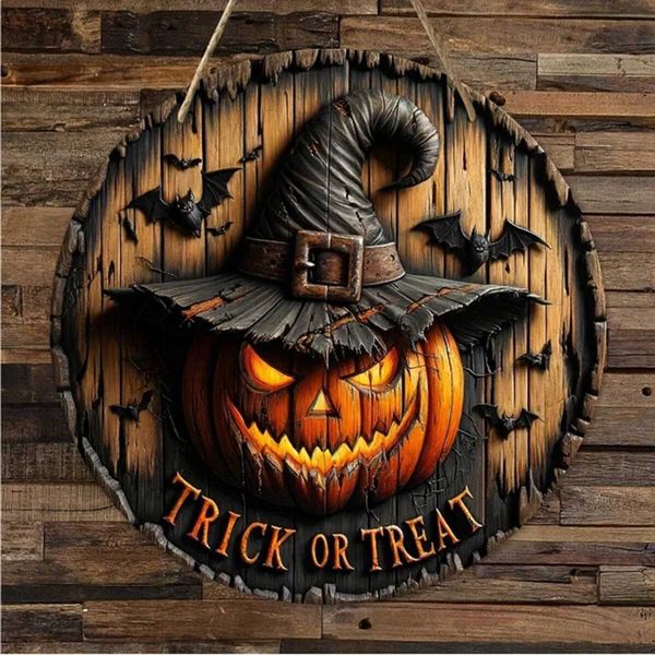 Halloween Wooden Wreath Retro Pumpkin Head Horror Art Decoration Home Garden Courtyard Wooden Hanging PendantXJ240819