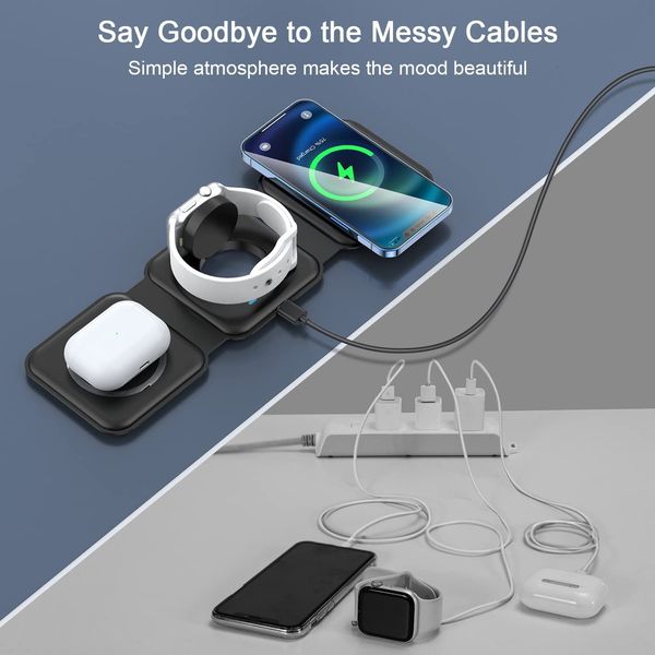 Foldable three in one magnetic wireless charger mobile phones with 15W fast charging suitable for iPhone