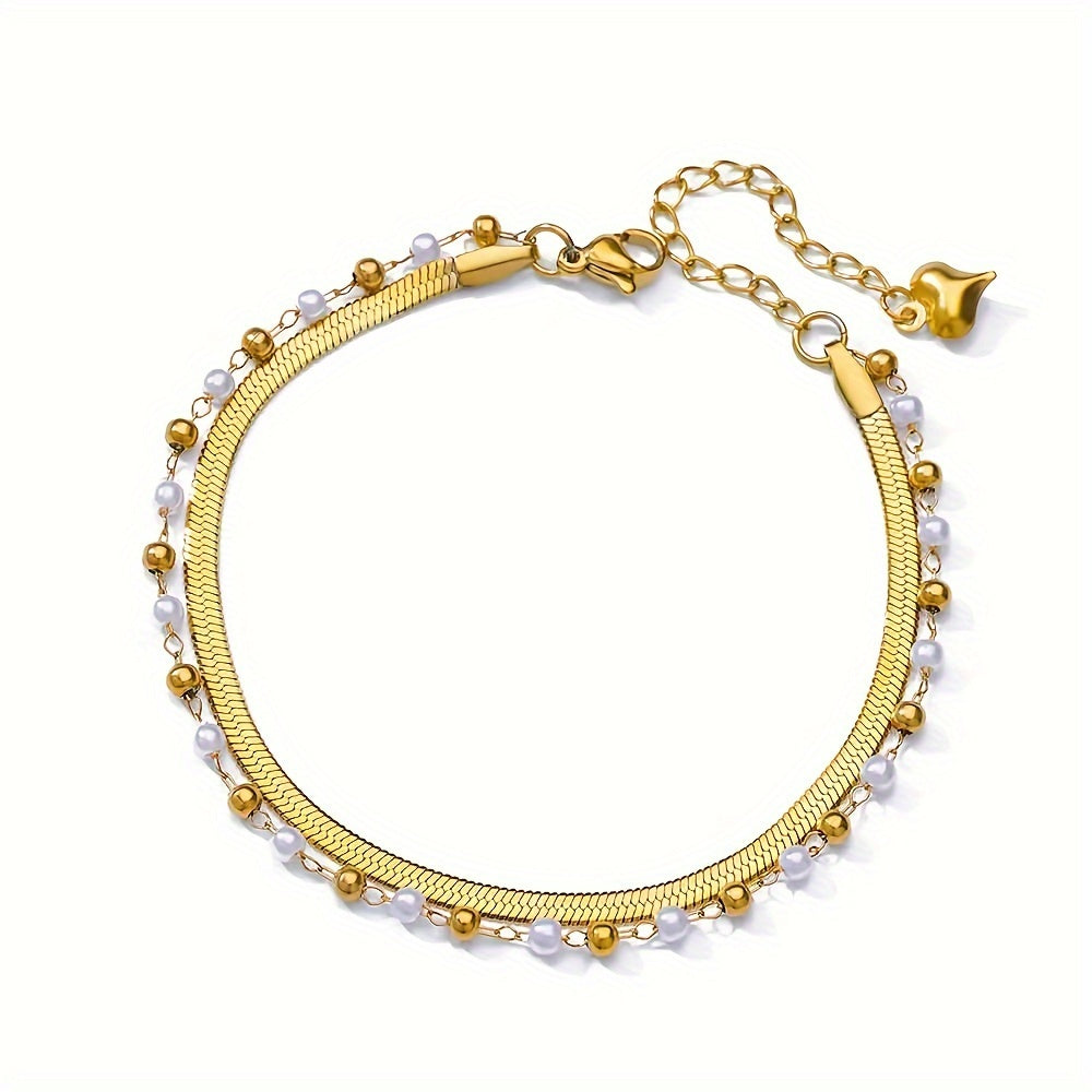 TEMU Elegant Double-layered Stainless Steel Anklet With Pearls - Perfect For Casual Attire & Gifts