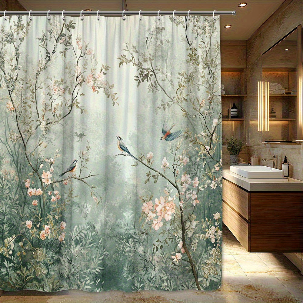 TEMU Shower Curtain| Forest Scene With Pink & Design| Polyester Fabric| Machine Washable| Includes 12 Hooks| -inspired Bathroom Decor| 180.01x180.01