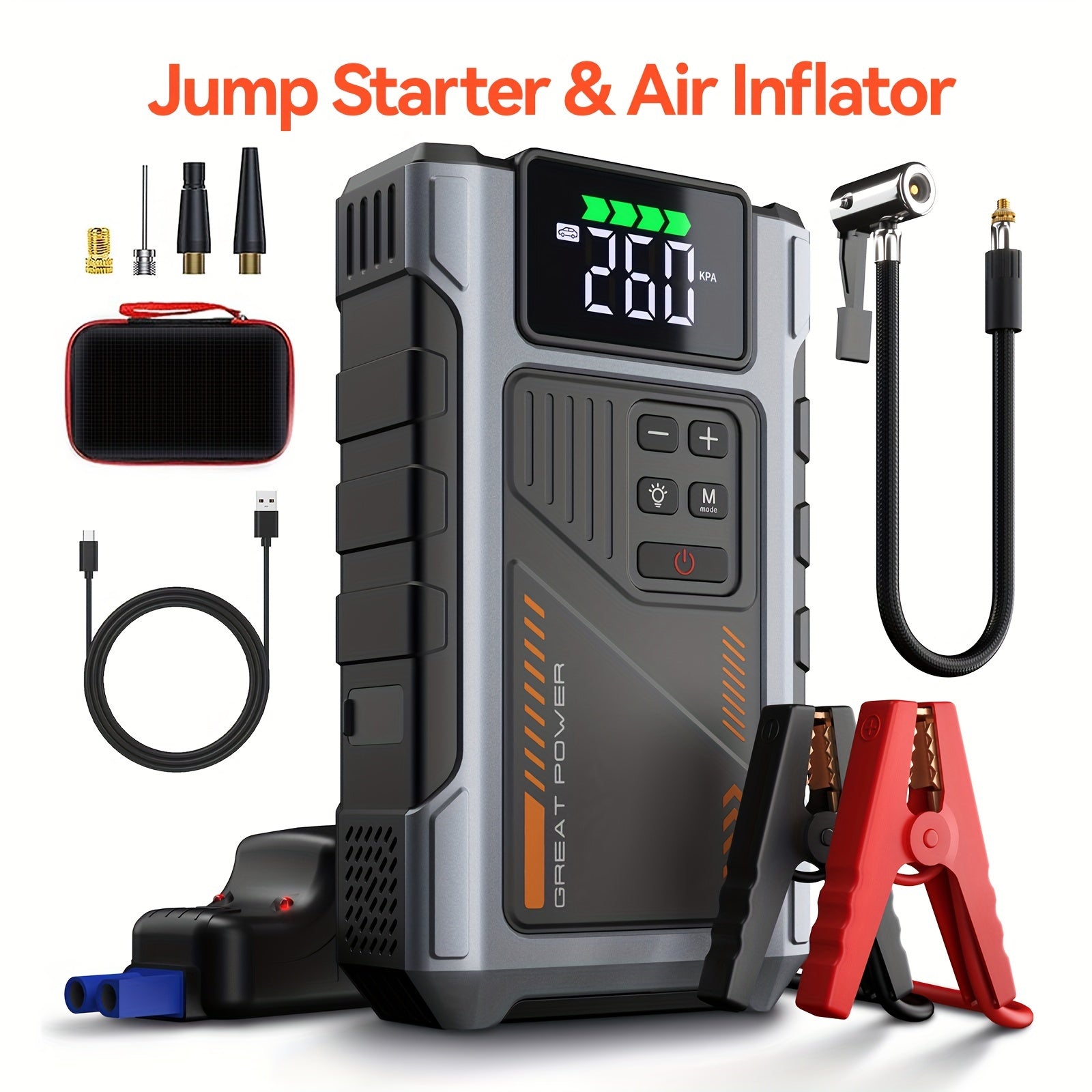 TEMU Portable Car Jump Starter With Air Compressor, Jump Pack, (8.0l Gas, 6.5l ) With 150 Psi Tire Inflator, 12v Car Battery Pack, Starter Portable,