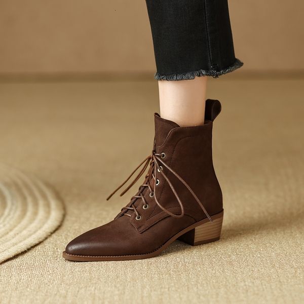 2024 New Women Ankle Boots Thick High Heels Genuine Leather Woman Mature Office Lady Autumn Winter Lace-Up Shoes
