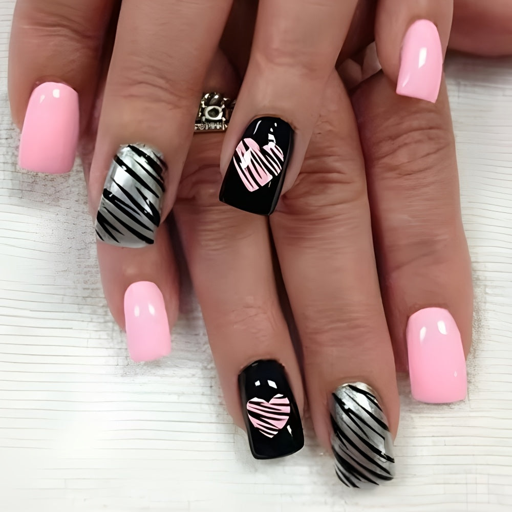 TEMU 24pcs Press-on Nails - Square Design With Heart & Stripes, Glossy Finish, , Stylish Nail Art | Modern Nail Design | Glossy Finish Nails