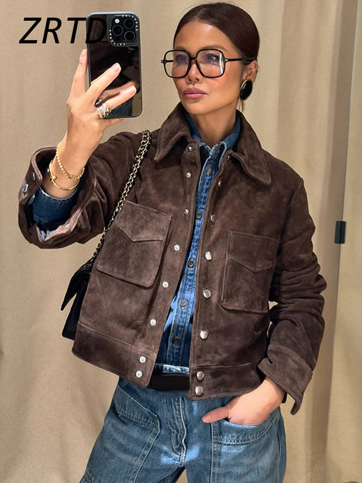 Street Womens Short Brown Suede Jacket Lapel Single Breasted Full Sleeve Pocket Female Coats 2025 Spring Lady Commute Outerwear 250717