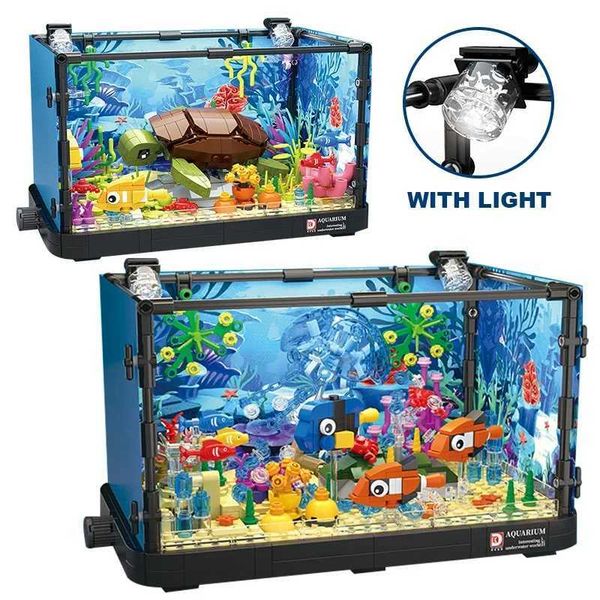 Blocks Fishbowl Aquarium Series Building Blocks Sea Turtle Jellyfish Fish Tank With Light Seafloor Assemble Bricks Toy For Children Kid z241