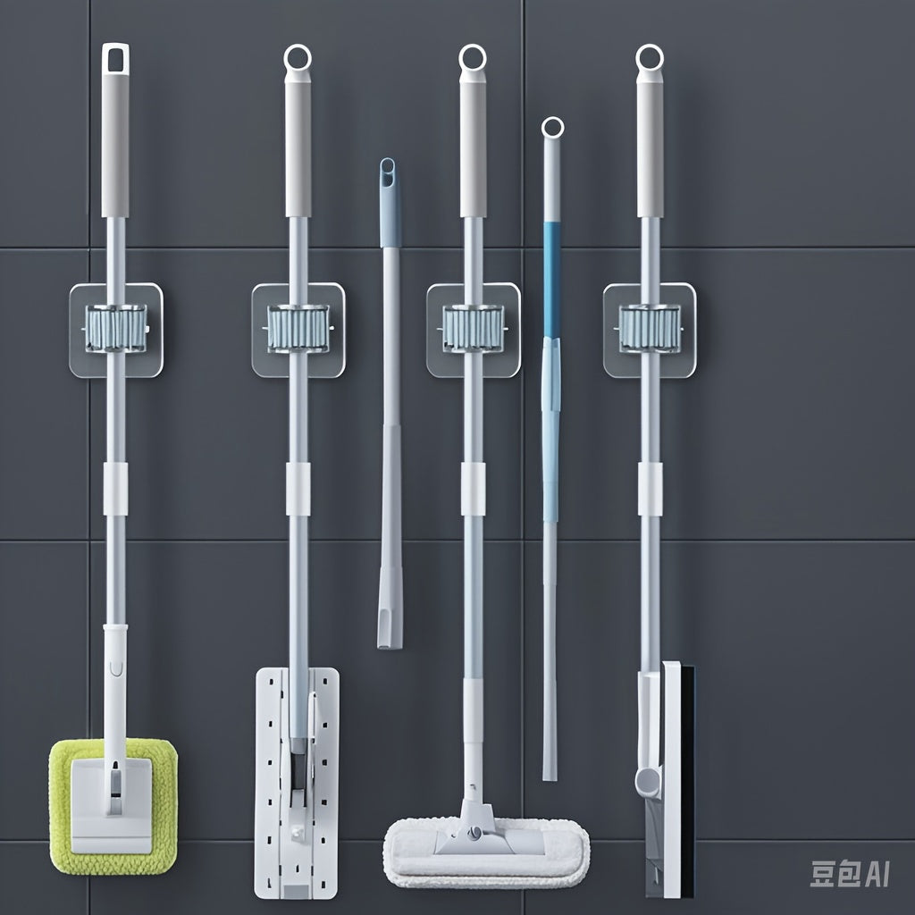 TEMU 3pcs Adjustable Wall-mounted Mop And Broom Holders, No-drill Plastic Storage Racks With Safety Clamping Mechanism, Space-saving Design For