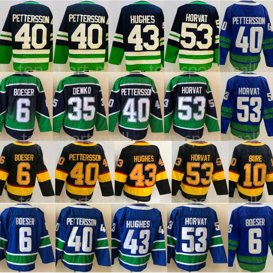 Man Ice Hockey 53 Bo Horvat Jerseys 6 Brock Boeser 40 Elias Pettersson 43 Quinn Hughes Reverse Retro 2.0 Team Blue White Alternate Black Men Stitche