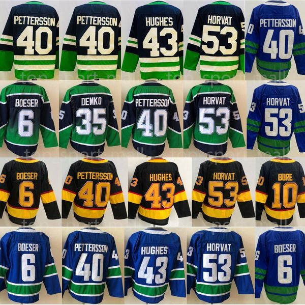 Man Ice Hockey 53 Bo Horvat Jerseys 6 Brock Boeser 40 Elias Pettersson 43 Quinn Hughes Reverse Retro 2.0 Team Blue White Alternate Black Men