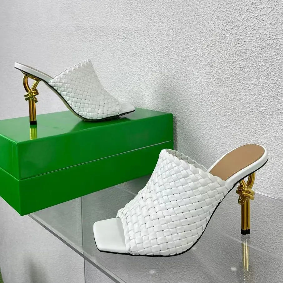 Summer Woven Mules slippers genuine leather casual irregular heels women luxurious designer sandals fashionable square toe caps slipper factory foot