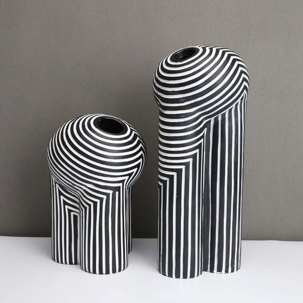 Creative Resin Vase Black and White Striped Flower Digest Geometric Crafts Home Decoration Terrarium Vase Jar 250102
